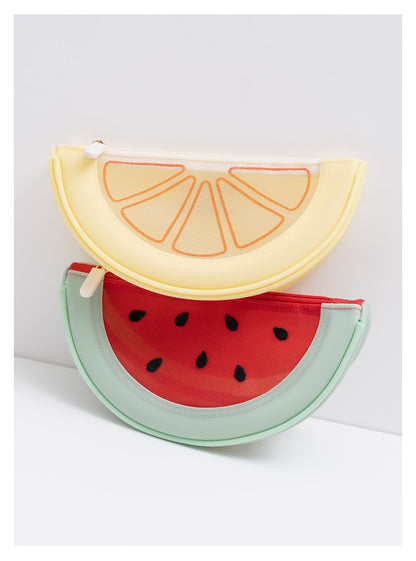 Fresh Minimalist Cartoon Fruit Shaped Semicircular Cosmetic Bag - Cute Watermelon & Pomelo Themed Makeup Pouch