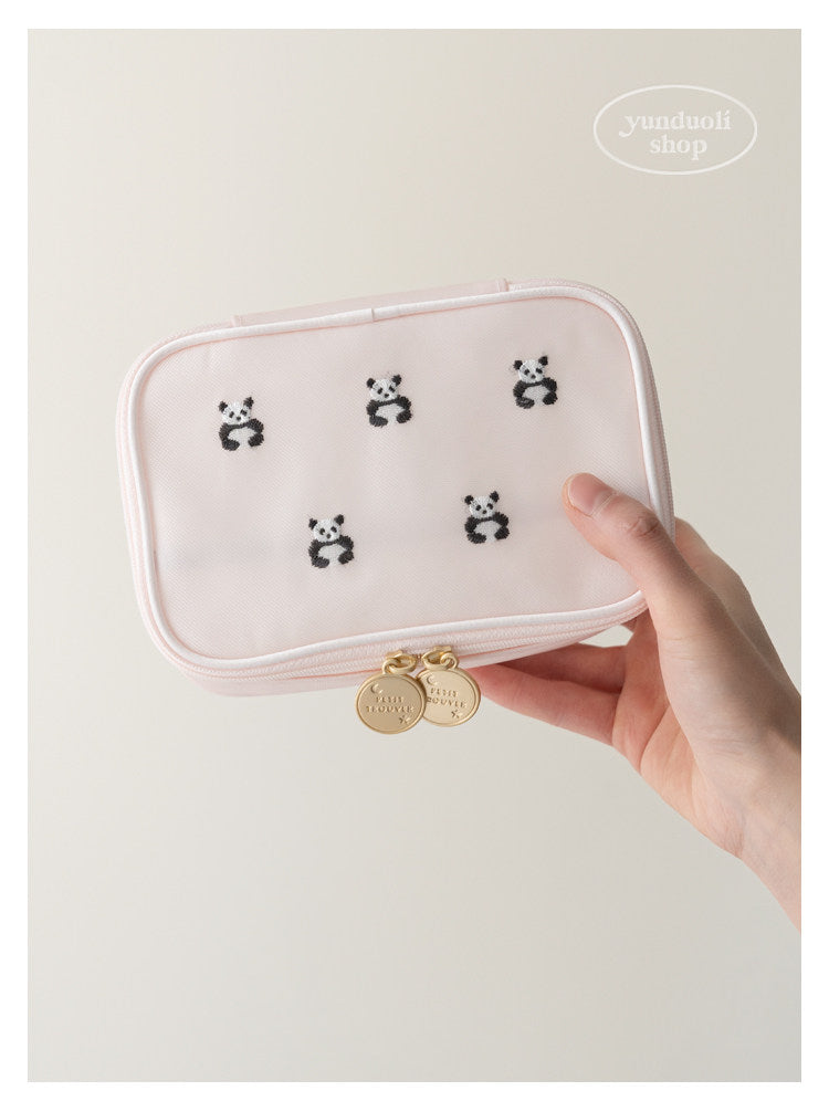 Cute Cartoon Giant Panda & Bear Embroidery Structured Mesh Small Square Bag | Cosmetic & Storage Pouch
