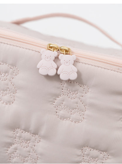 Cute Cartoon Bear Embroidery Handheld Makeup Bag 3D Square Compartmental Storage Bag