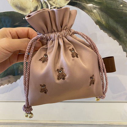 Adorable Healing Bear Embroidery Small Drawstring Pouch - Mini Organizer Bag for Trinkets