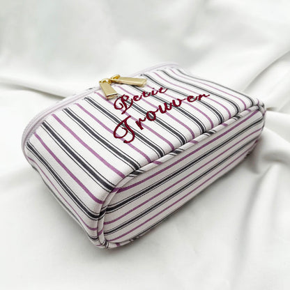 Fresh & Minimalist Mini Handled Makeup Pouch - Yarn-Dyed Stripe Cotton, Touch-Up & Organizer Bag
