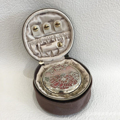 Glossy Velvet & Rhinestone Round Jewelry Box - Portable Mini Travel Case for Rings and Earrings