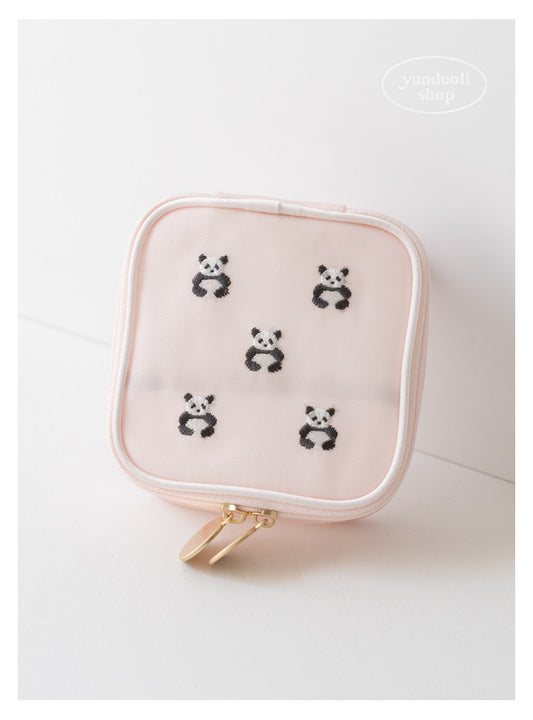 Cute Cartoon Giant Panda & Bear Embroidery Structured Mesh Small Square Bag | Cosmetic & Storage Pouch