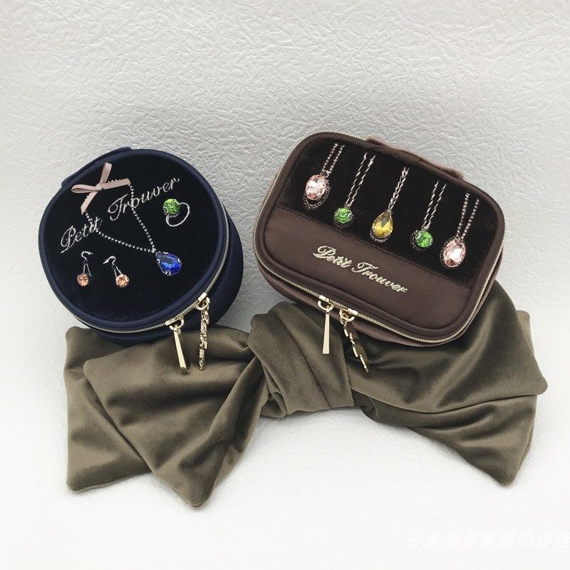 Glossy Velvet & Rhinestone Round Jewelry Box - Portable Mini Travel Case for Rings and Earrings