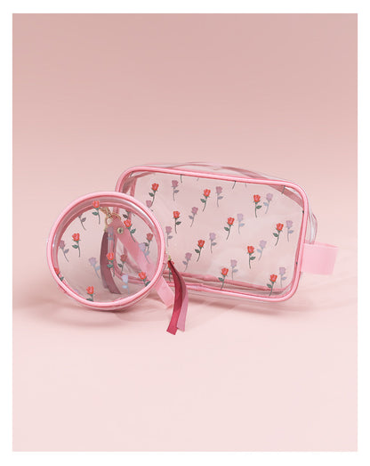 Sweet Lovely Rose Printed Clear Cosmetic Bag - Travel Essential for Makeup Organizing