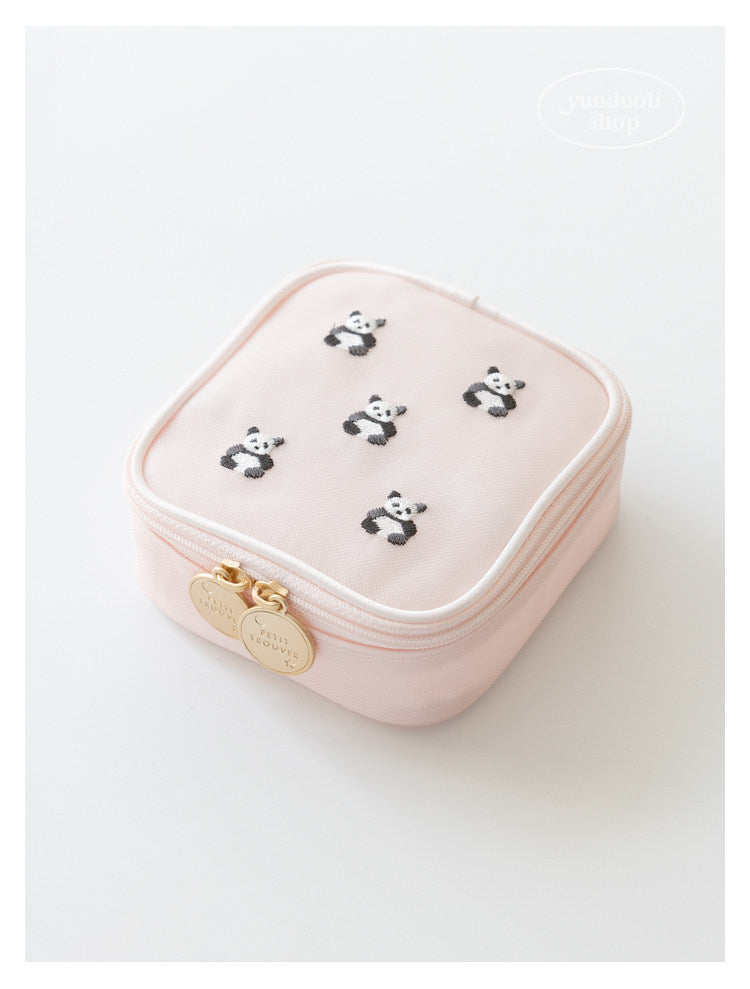 Cute Cartoon Giant Panda & Bear Embroidery Structured Mesh Small Square Bag | Cosmetic & Storage Pouch