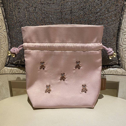 Adorable Healing Bear Embroidery Small Drawstring Pouch - Mini Organizer Bag for Trinkets