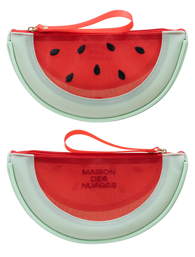 Fresh Minimalist Cartoon Fruit Shaped Semicircular Cosmetic Bag - Cute Watermelon & Pomelo Themed Makeup Pouch