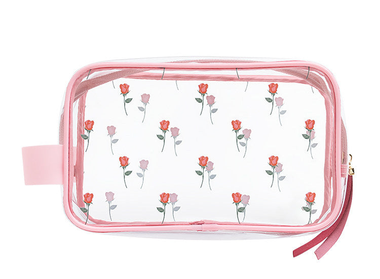 Sweet Lovely Rose Printed Clear Cosmetic Bag - Travel Essential for Makeup Organizing
