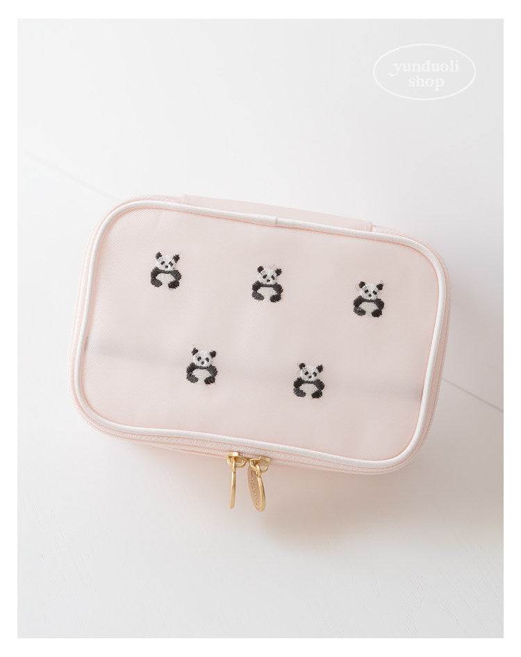 Cute Cartoon Giant Panda & Bear Embroidery Structured Mesh Small Square Bag | Cosmetic & Storage Pouch