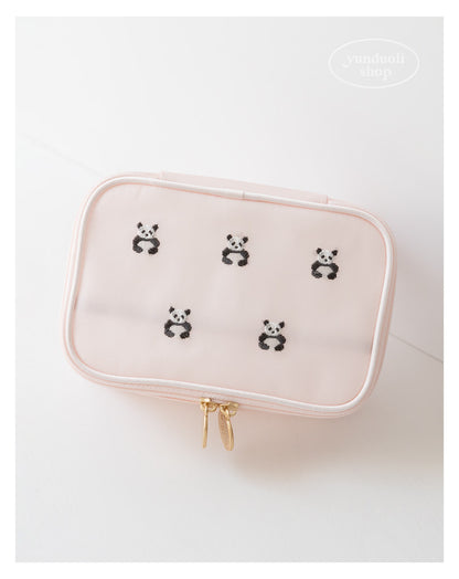 Cute Cartoon Giant Panda & Bear Embroidery Structured Mesh Small Square Bag | Cosmetic & Storage Pouch