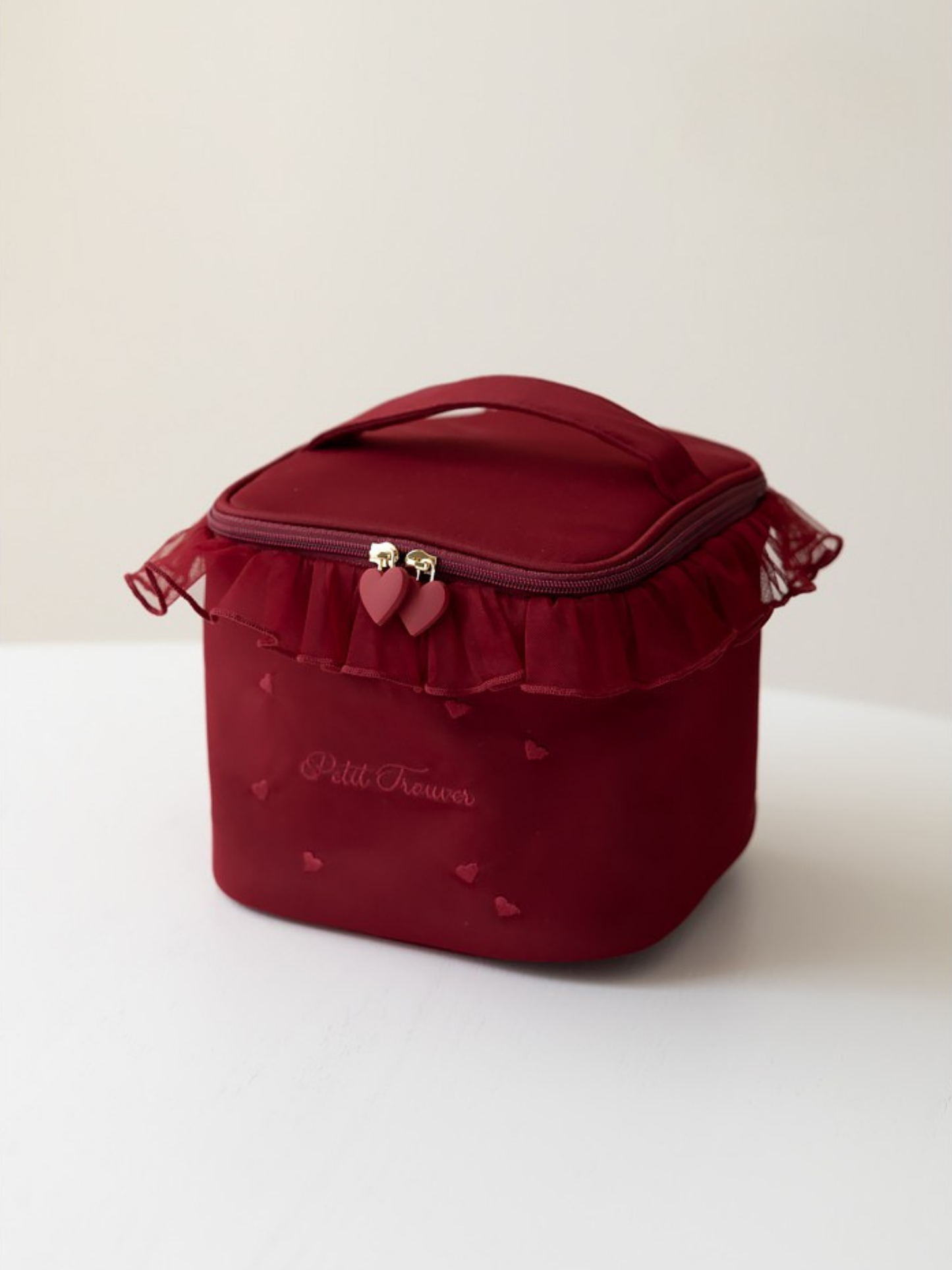 Petit Secret PETIT TROUVER Heart Embroidered Ruffle Makeup Bag Vanity Case
