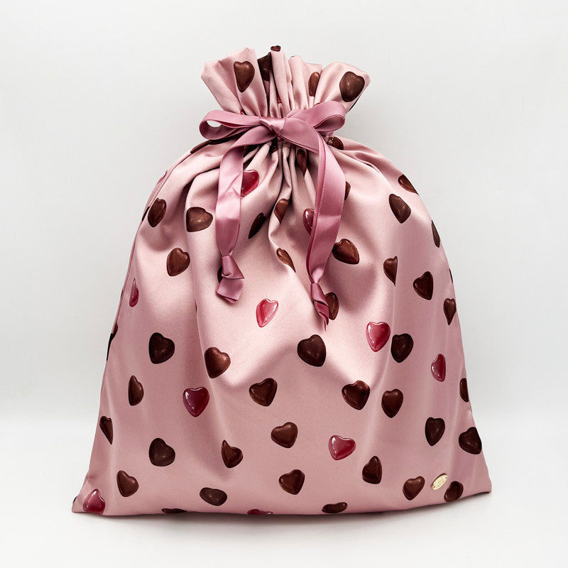 3-Size Pink Drawstring Storage Bag with Cute Chocolate Hearts - Sweet Gift & Organizer Pouch Set