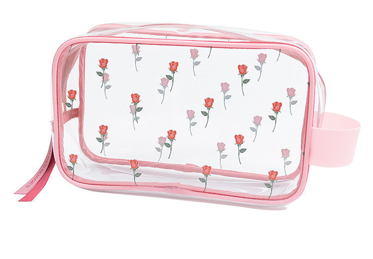Sweet Lovely Rose Printed Clear Cosmetic Bag - Travel Essential for Makeup Organizing