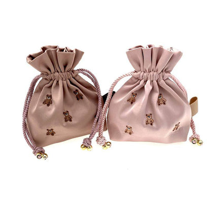 Adorable Healing Bear Embroidery Small Drawstring Pouch - Mini Organizer Bag for Trinkets