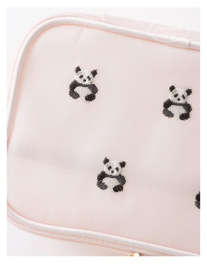 Cute Cartoon Giant Panda & Bear Embroidery Structured Mesh Small Square Bag | Cosmetic & Storage Pouch