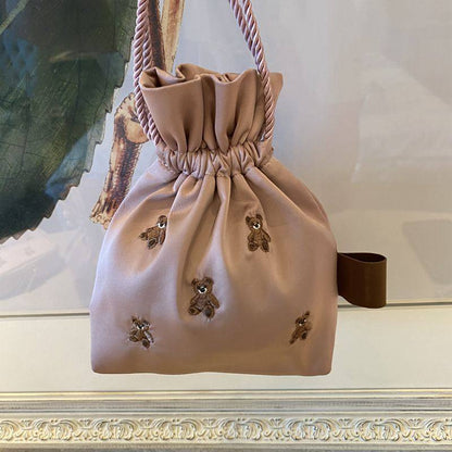 Adorable Healing Bear Embroidery Small Drawstring Pouch - Mini Organizer Bag for Trinkets