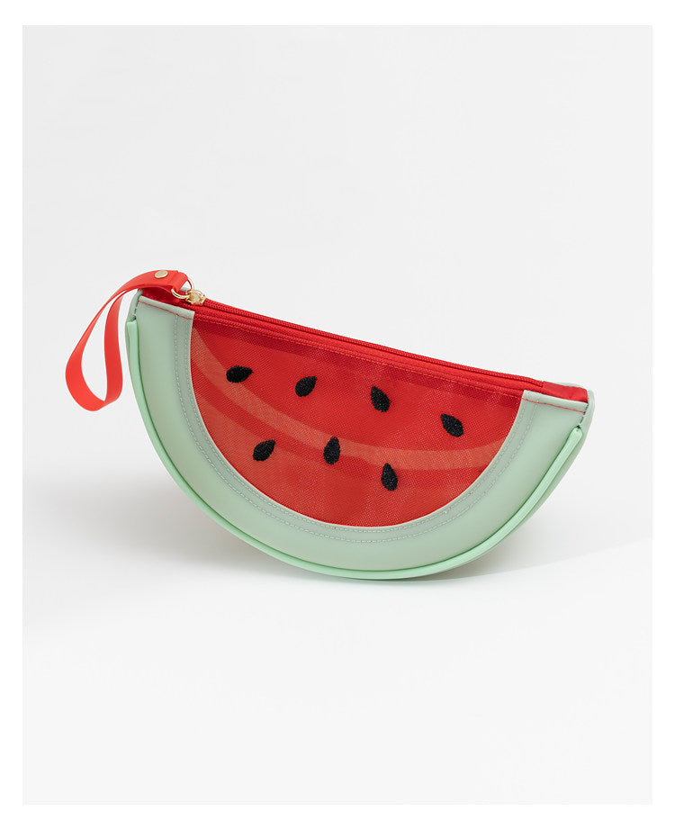 Fresh Minimalist Cartoon Fruit Shaped Semicircular Cosmetic Bag - Cute Watermelon & Pomelo Themed Makeup Pouch