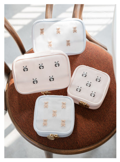Cute Cartoon Giant Panda & Bear Embroidery Structured Mesh Small Square Bag | Cosmetic & Storage Pouch