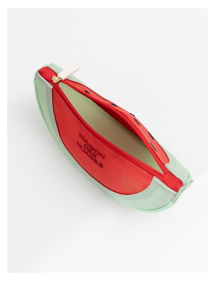 Fresh Minimalist Cartoon Fruit Shaped Semicircular Cosmetic Bag - Cute Watermelon & Pomelo Themed Makeup Pouch