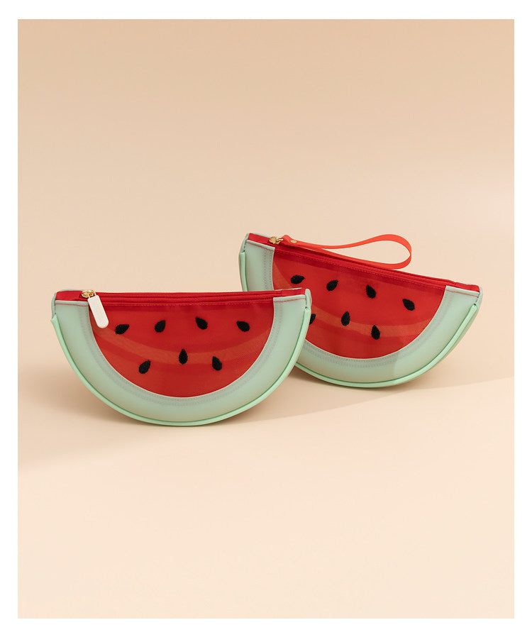 Fresh Minimalist Cartoon Fruit Shaped Semicircular Cosmetic Bag - Cute Watermelon & Pomelo Themed Makeup Pouch