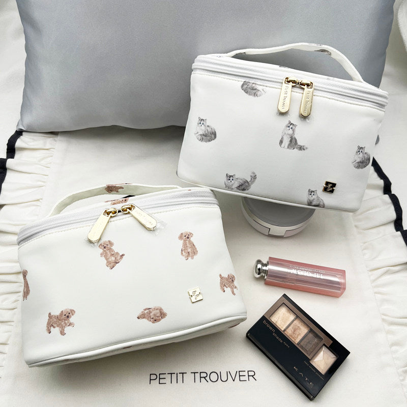 Aloof Cats & Cute Dogs Print Mini Handled Makeup Barrel Bag - Animal Print Organizer Pouch