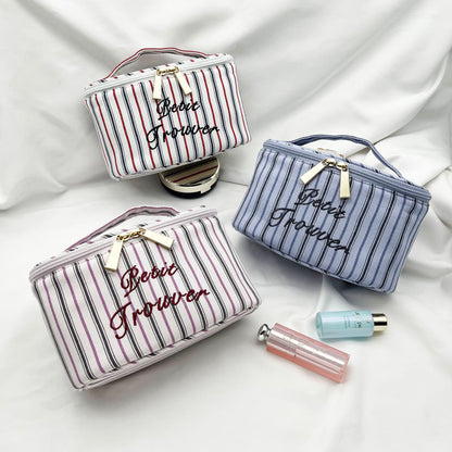 Fresh & Minimalist Mini Handled Makeup Pouch - Yarn-Dyed Stripe Cotton, Touch-Up & Organizer Bag