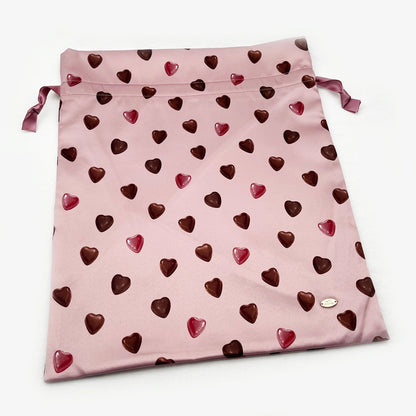 3-Size Pink Drawstring Storage Bag with Cute Chocolate Hearts - Sweet Gift & Organizer Pouch Set