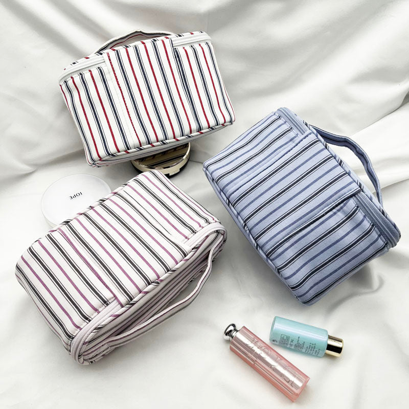 Fresh & Minimalist Mini Handled Makeup Pouch - Yarn-Dyed Stripe Cotton, Touch-Up & Organizer Bag
