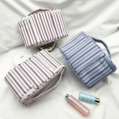 Fresh & Minimalist Mini Handled Makeup Pouch - Yarn-Dyed Stripe Cotton, Touch-Up & Organizer Bag