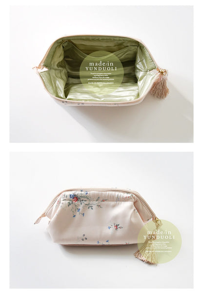 Elegant Silk-Like Cosmetic Bag with Floral Tassels & Rhinestones - Mouth Storage Design