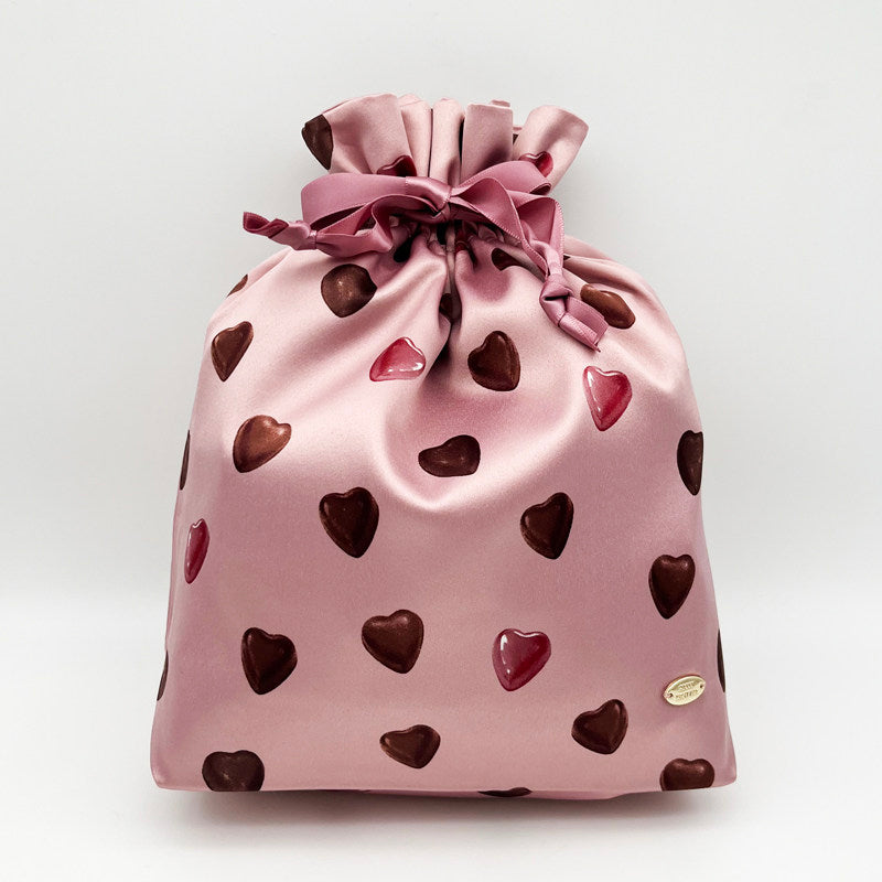 3-Size Pink Drawstring Storage Bag with Cute Chocolate Hearts - Sweet Gift & Organizer Pouch Set