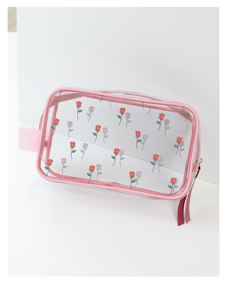 Sweet Lovely Rose Printed Clear Cosmetic Bag - Travel Essential for Makeup Organizing