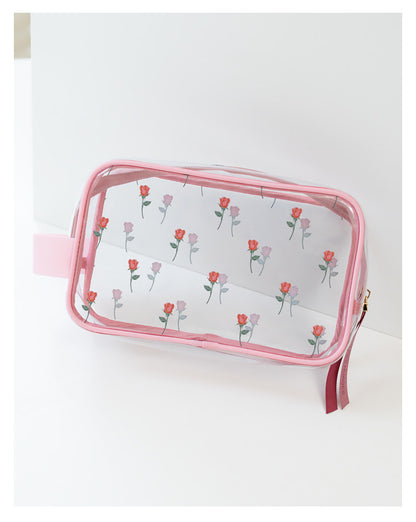 Sweet Lovely Rose Printed Clear Cosmetic Bag - Travel Essential for Makeup Organizing