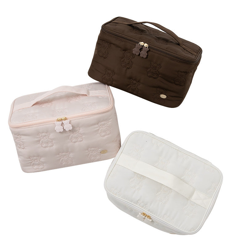 Cute Cartoon Bear Embroidery Handheld Makeup Bag 3D Square Compartmental Storage Bag