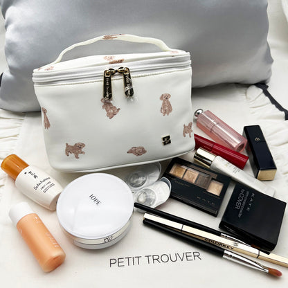 Aloof Cats & Cute Dogs Print Mini Handled Makeup Barrel Bag - Animal Print Organizer Pouch