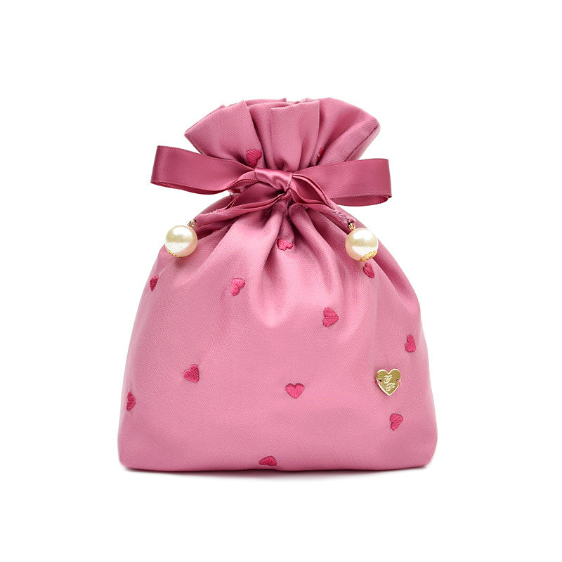 Embroidered Tiny Hearts Mesh Sweet Mini Drawstring Pouch - Travel Makeup & Small Items Organizer