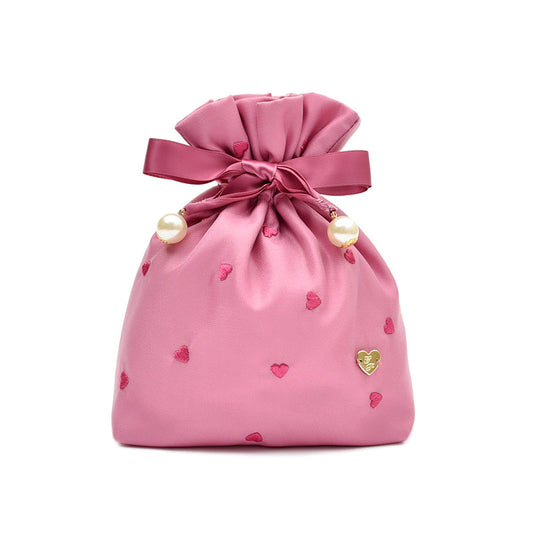 Embroidered Tiny Hearts Mesh Sweet Mini Drawstring Pouch - Travel Makeup & Small Items Organizer
