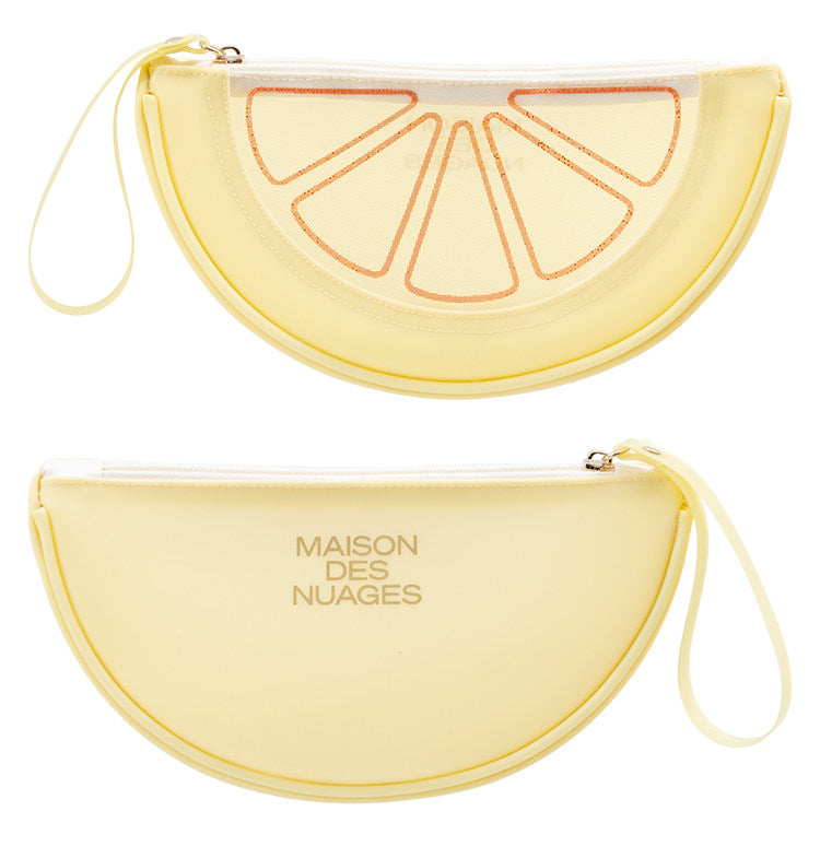 Fresh Minimalist Cartoon Fruit Shaped Semicircular Cosmetic Bag - Cute Watermelon & Pomelo Themed Makeup Pouch