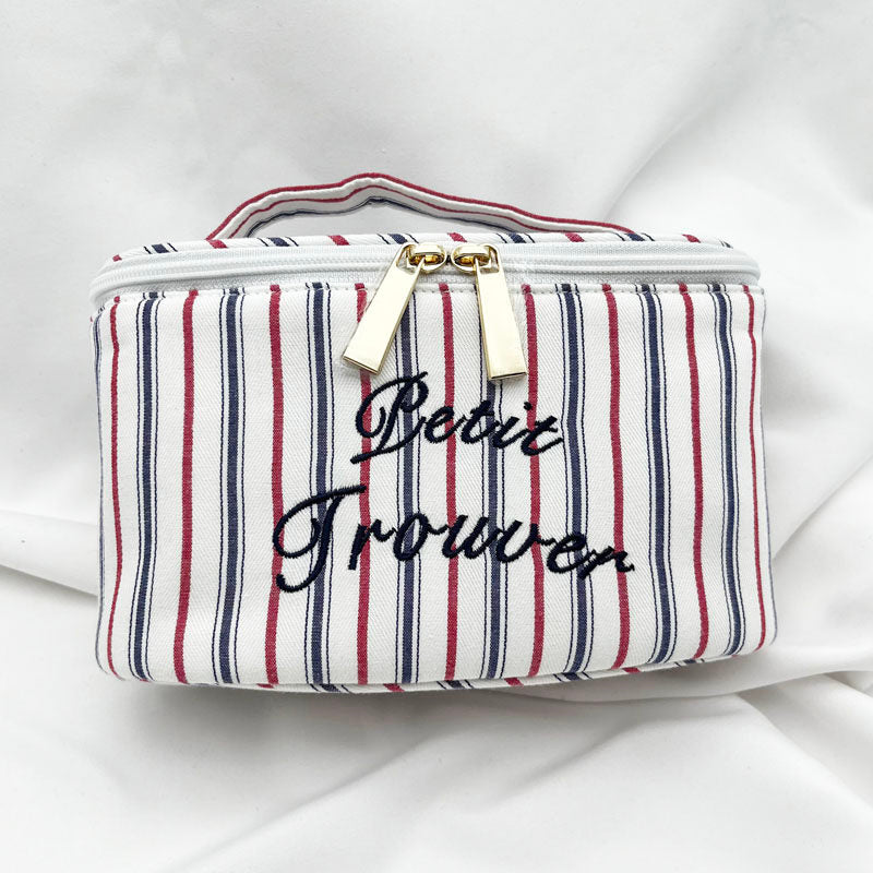 Fresh & Minimalist Mini Handled Makeup Pouch - Yarn-Dyed Stripe Cotton, Touch-Up & Organizer Bag
