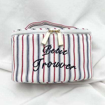 Fresh & Minimalist Mini Handled Makeup Pouch - Yarn-Dyed Stripe Cotton, Touch-Up & Organizer Bag