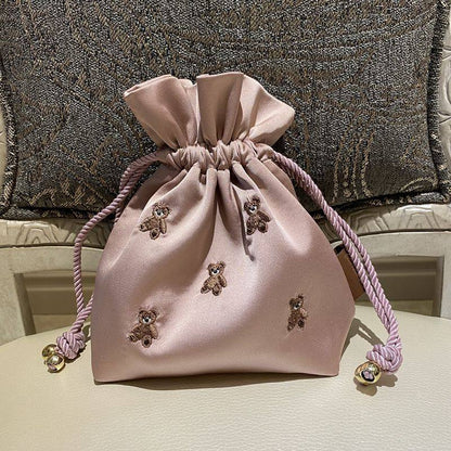 Adorable Healing Bear Embroidery Small Drawstring Pouch - Mini Organizer Bag for Trinkets