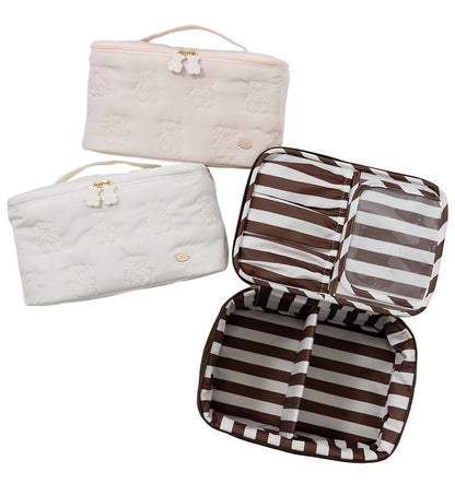 Cute Cartoon Bear Embroidery Handheld Makeup Bag 3D Square Compartmental Storage Bag