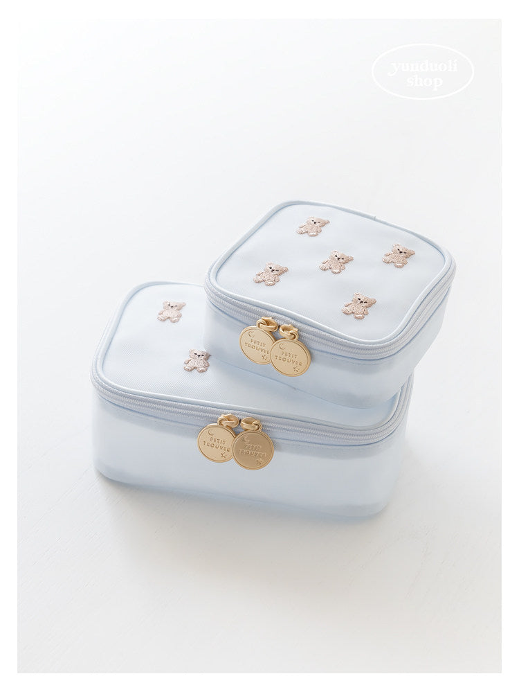 Cute Cartoon Giant Panda & Bear Embroidery Structured Mesh Small Square Bag | Cosmetic & Storage Pouch