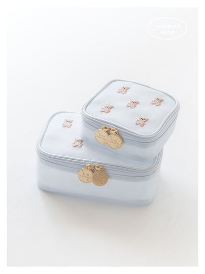 Cute Cartoon Giant Panda & Bear Embroidery Structured Mesh Small Square Bag | Cosmetic & Storage Pouch