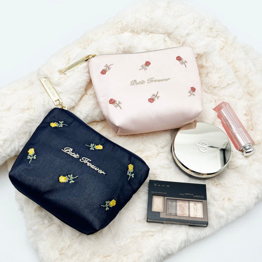 PETIT TROUVER Sweet Rose Embroidery Mini Makeup Pouch - Lipstick, Cosmetics & Essentials Organizer
