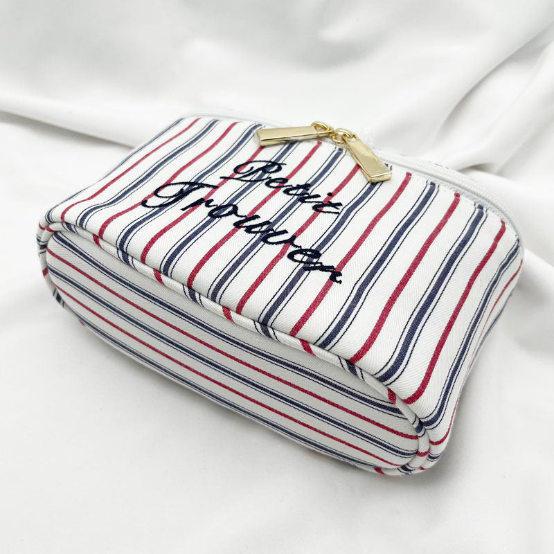 Fresh & Minimalist Mini Handled Makeup Pouch - Yarn-Dyed Stripe Cotton, Touch-Up & Organizer Bag