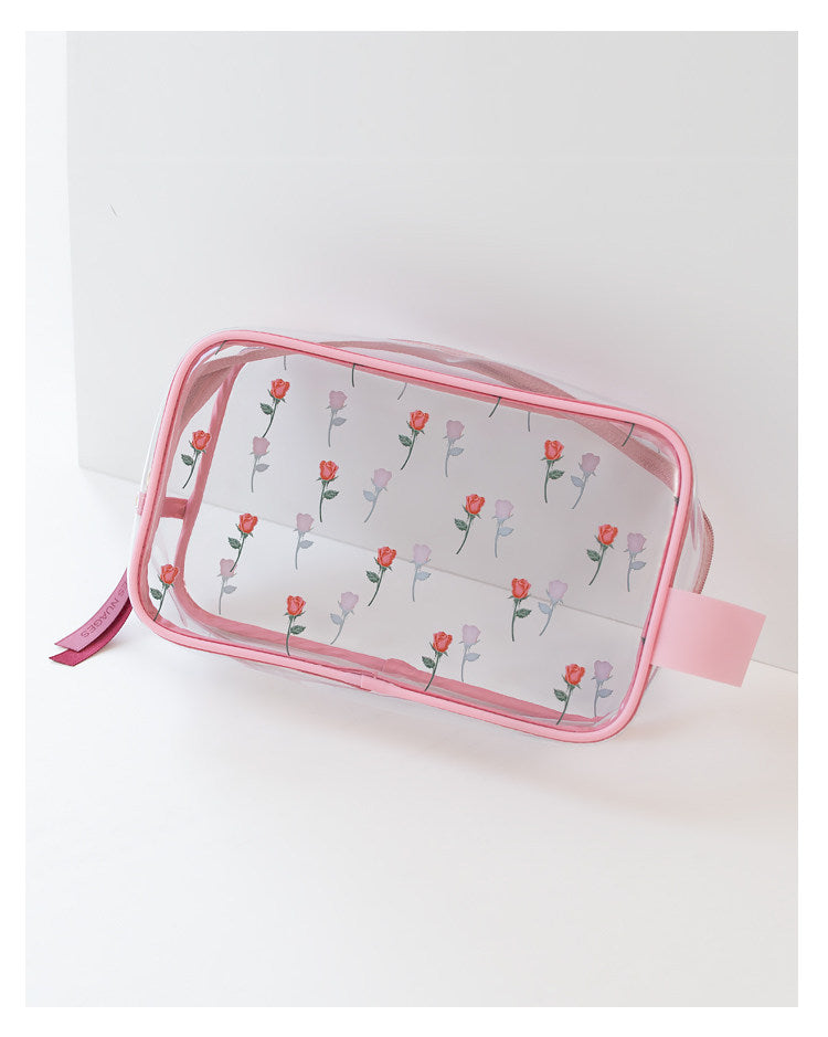 Sweet Lovely Rose Printed Clear Cosmetic Bag - Travel Essential for Makeup Organizing