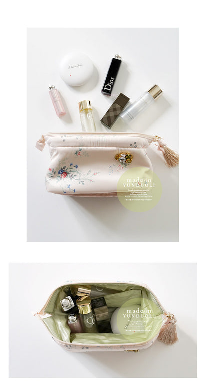 Elegant Silk-Like Cosmetic Bag with Floral Tassels & Rhinestones - Mouth Storage Design