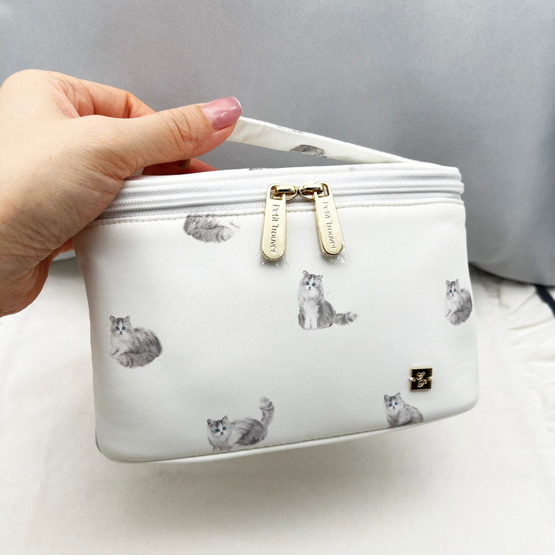 Aloof Cats & Cute Dogs Print Mini Handled Makeup Barrel Bag - Animal Print Organizer Pouch
